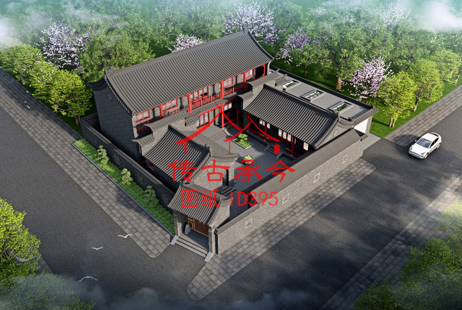 青磚風(fēng)格三合院鳥(niǎo)瞰效果圖