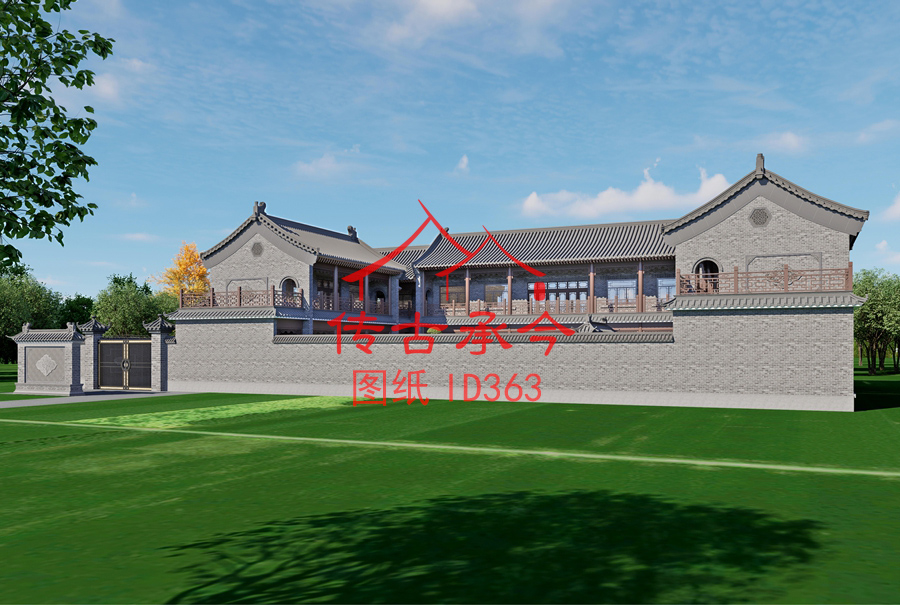 青磚灰瓦中式三合院效果圖