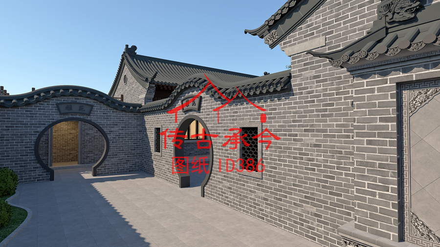 青磚風(fēng)格三合院月亮門(mén)效果圖