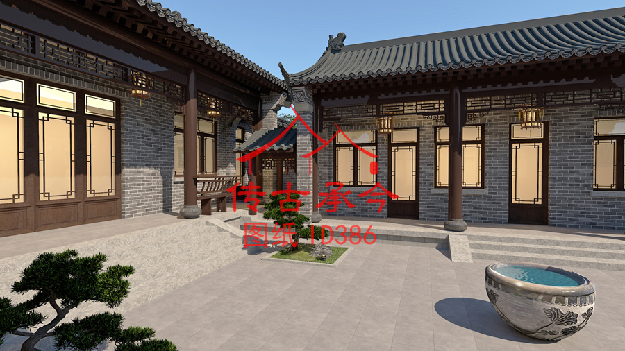 主房一層廂房一層青磚風(fēng)格院子效果圖