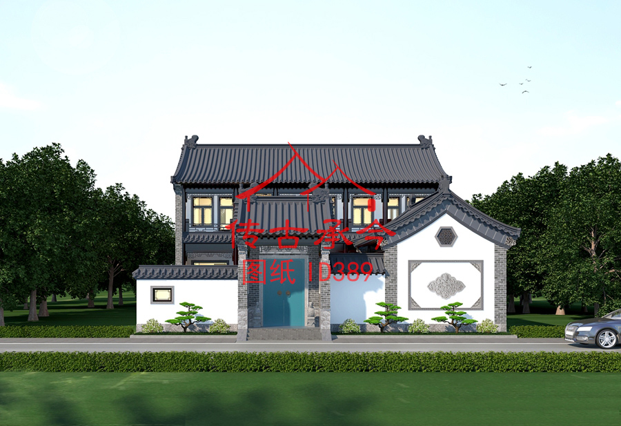 新中式白墻灰瓦風(fēng)格三合院大門(mén)效果圖