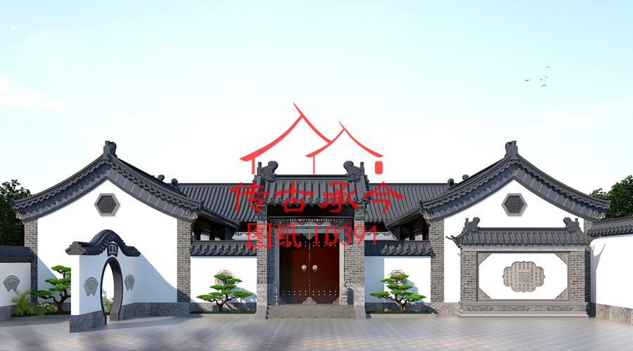 白墻灰瓦新中式四合院大門(mén)效果圖