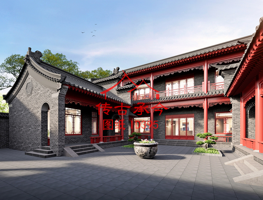 青磚紅柱子中式院子庭院效果圖