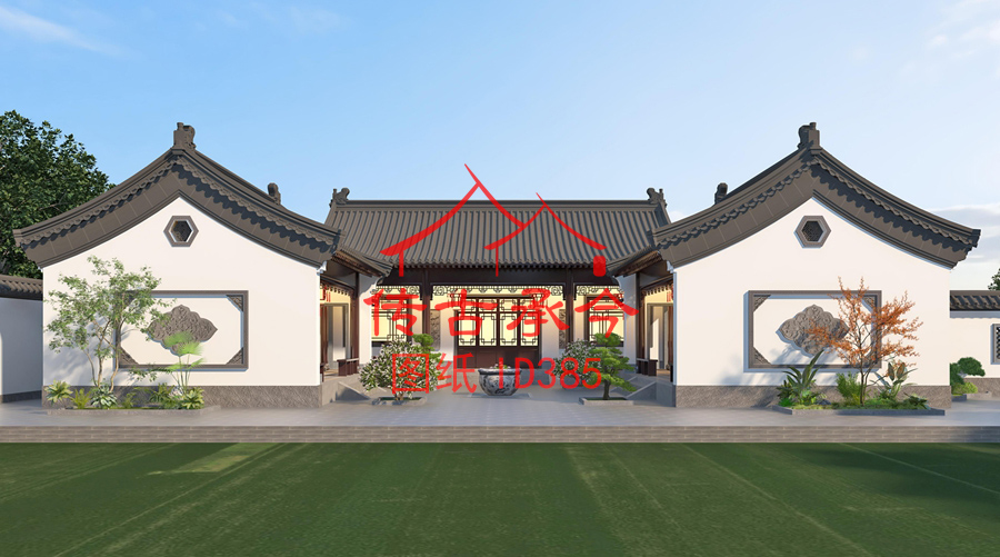 白墻灰瓦三合院主房一層廂房一層效果圖