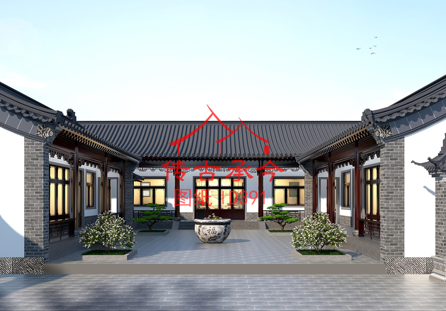 白墻灰瓦風(fēng)格四合院主房效果圖