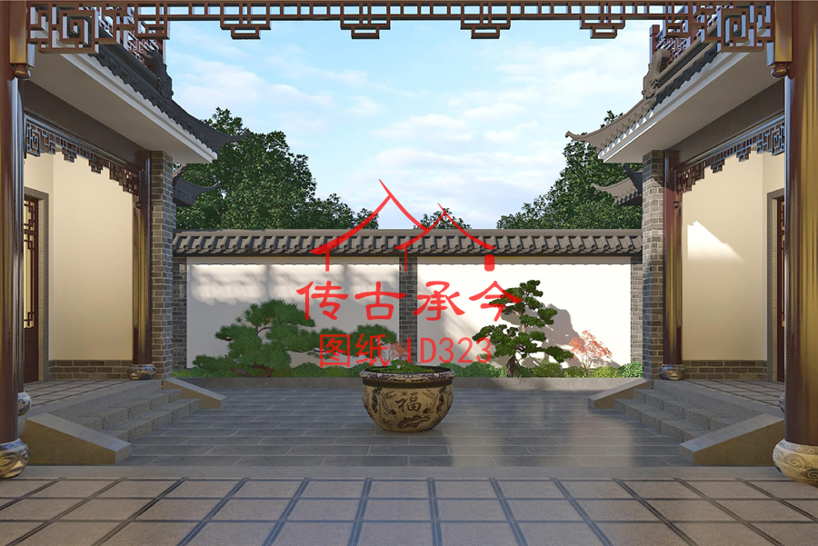 白墻灰瓦青磚柱走廊效果圖